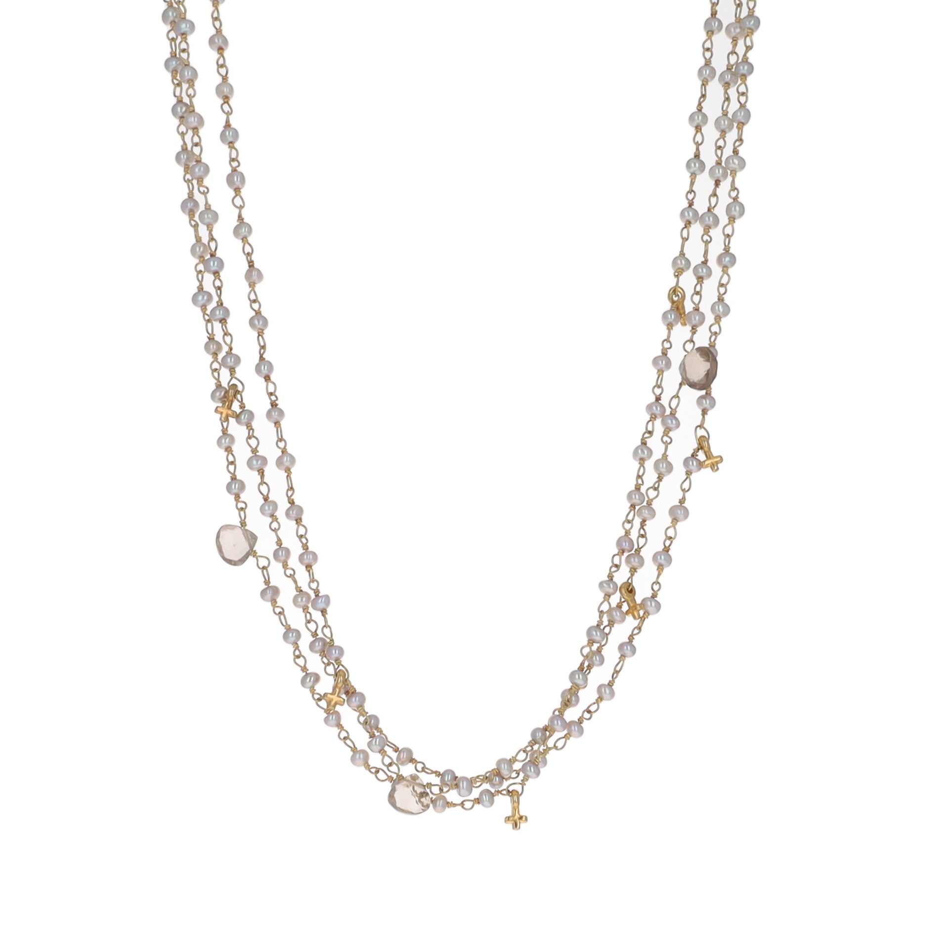 Three Strand grey pearl necklace with smokey topaz mini crosses