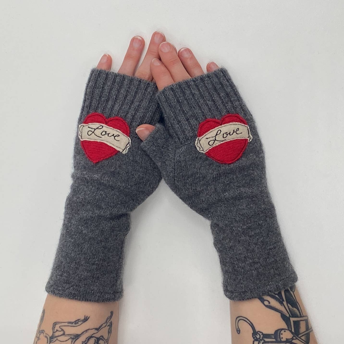 Fingerless Cashmere Gloves-Tattoo Heart Love