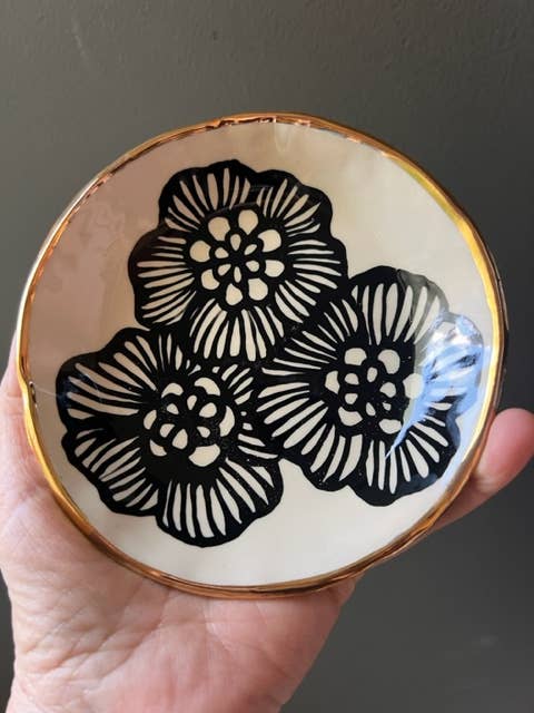 5" Handmade Floral Ceramic Trinket Jewelry Dish 22K Gold