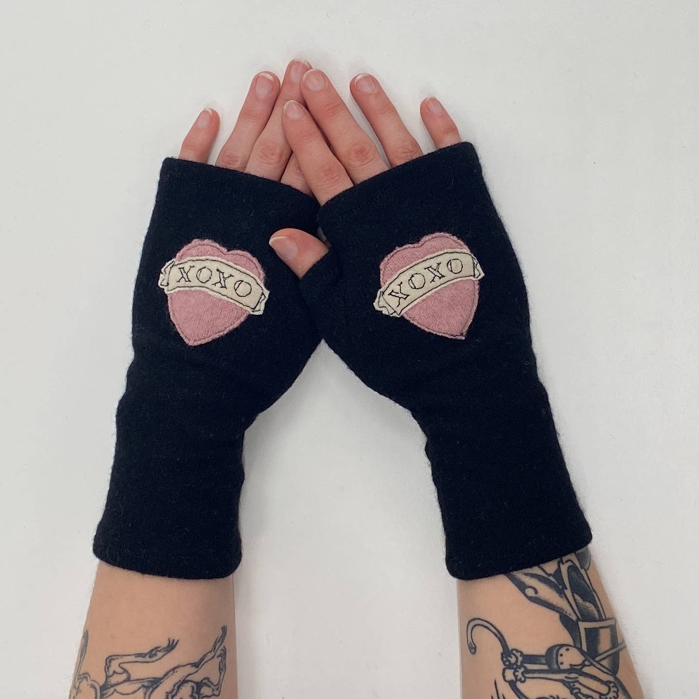 Fingerless Cashmere Gloves-Tattoo Heart XOXO