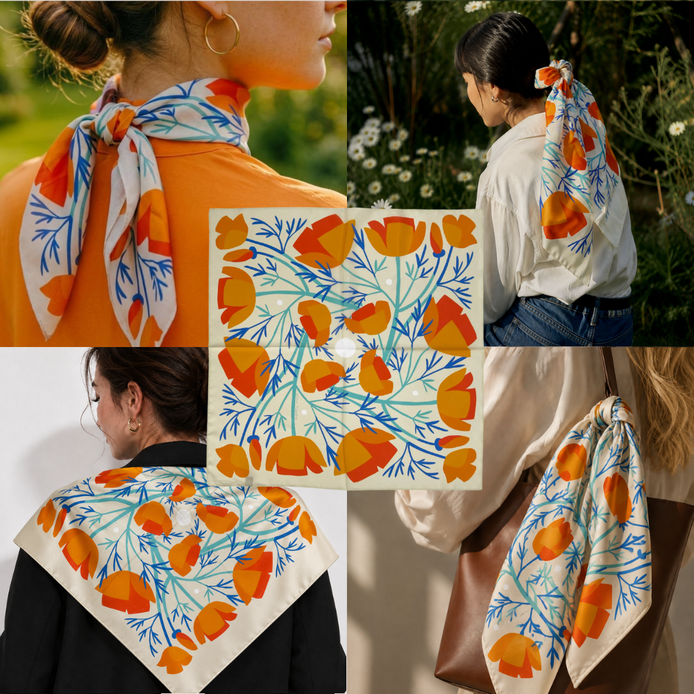 California Poppies Scarf | Silk Scarf | Women's Bandana: 26" x 26"