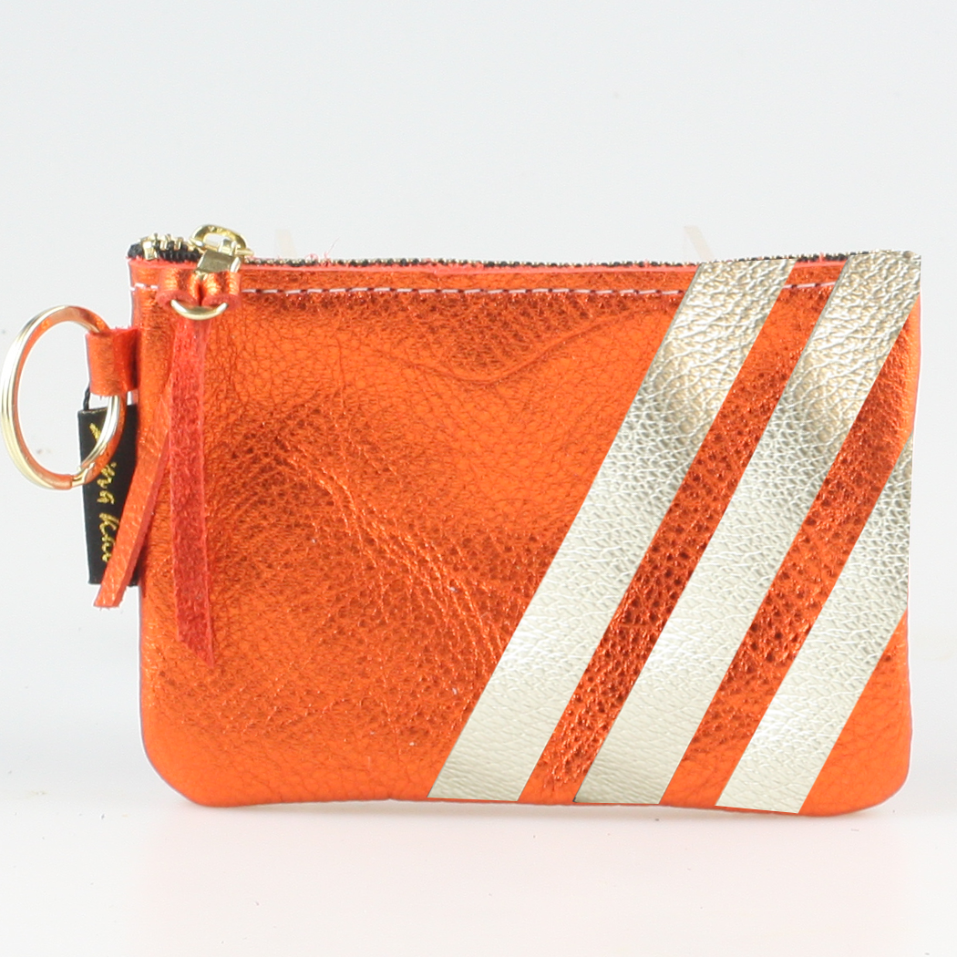 The Kara Wallet: 3 Side Stripes, Mango with Platinum Stripes - Split Ring