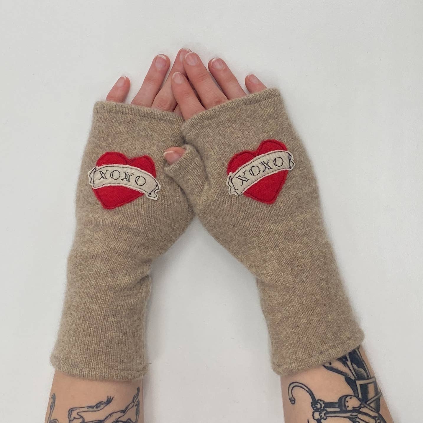 Fingerless Cashmere Gloves-Tattoo Heart XOXO