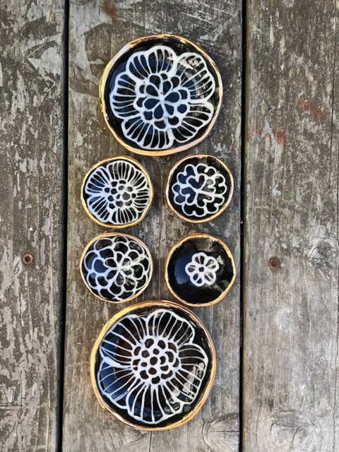 2" Handmade Gilded Noir Ceramic Trinket Jewelry Dish