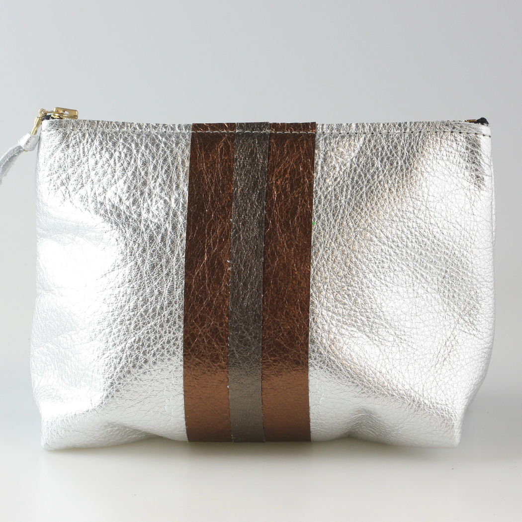 The Metallic Stripe Makeup Clutch: Stewart & Martin!: Peach w/layered stripe: Platinum/Copper / Martin 7"