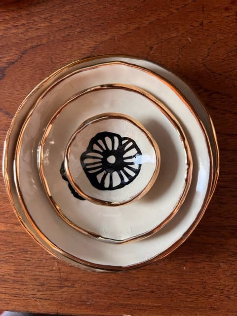 5" Handmade Floral Ceramic Trinket Jewelry Dish 22K Gold
