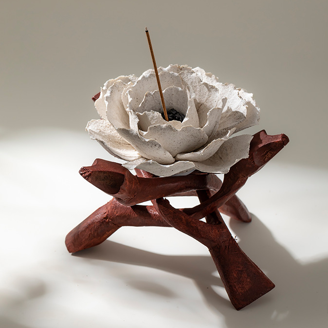 Hand Sculpted Ceramic Peony Flower Incense Holder: Cream