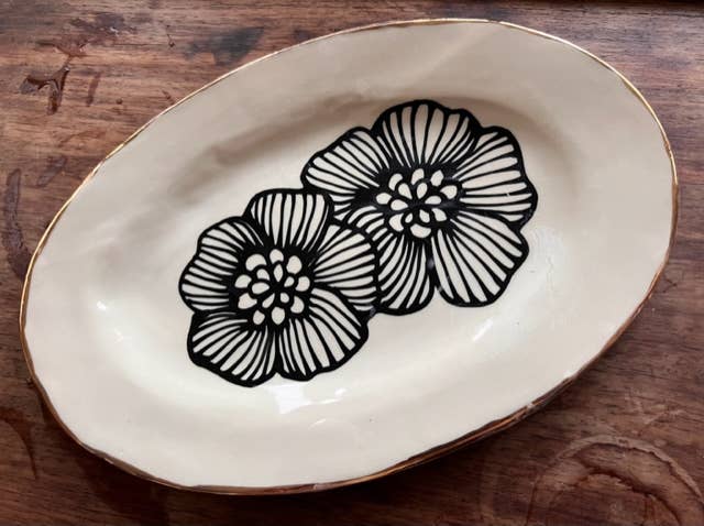 Handmade Floral Ceramic Petite Platter Tray w/ 22K Gold
