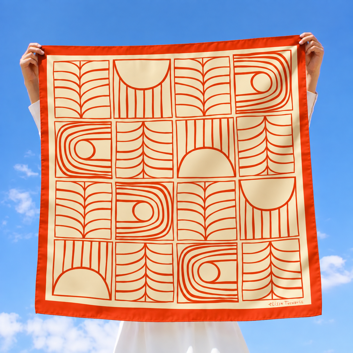Vintage Style Red and Butter Yellow Geometric Scarf | Silk
