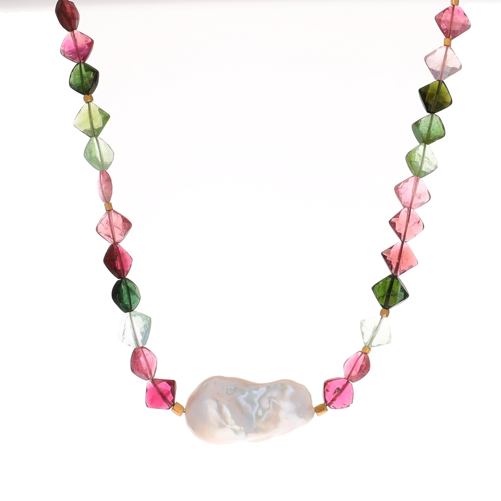 Watermelon Tourmaline Necklace with Large Baroque Pearl