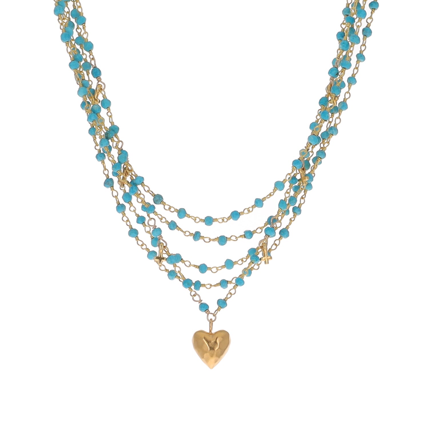 Multi Strand Turquoise Necklace with Puffy Heart and Mini Crosses