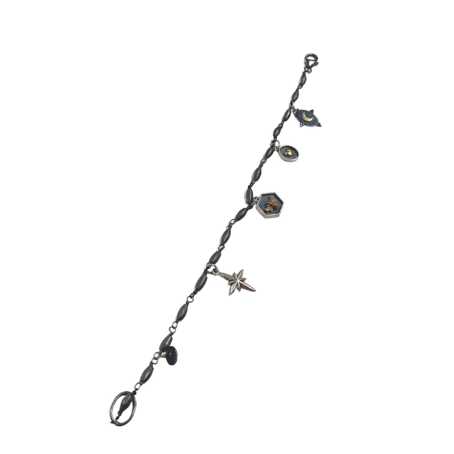 Oxidized Silver Cylinder Brushed Charm Bracelet with North Star and Moon