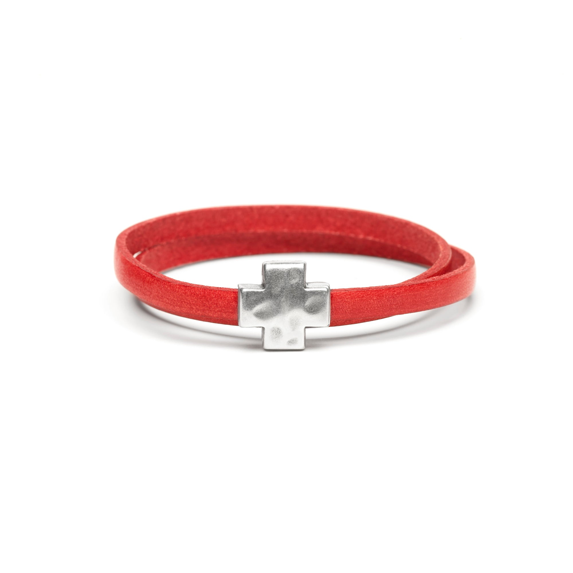 Red Double Wrap Bracelet with Silver Cross