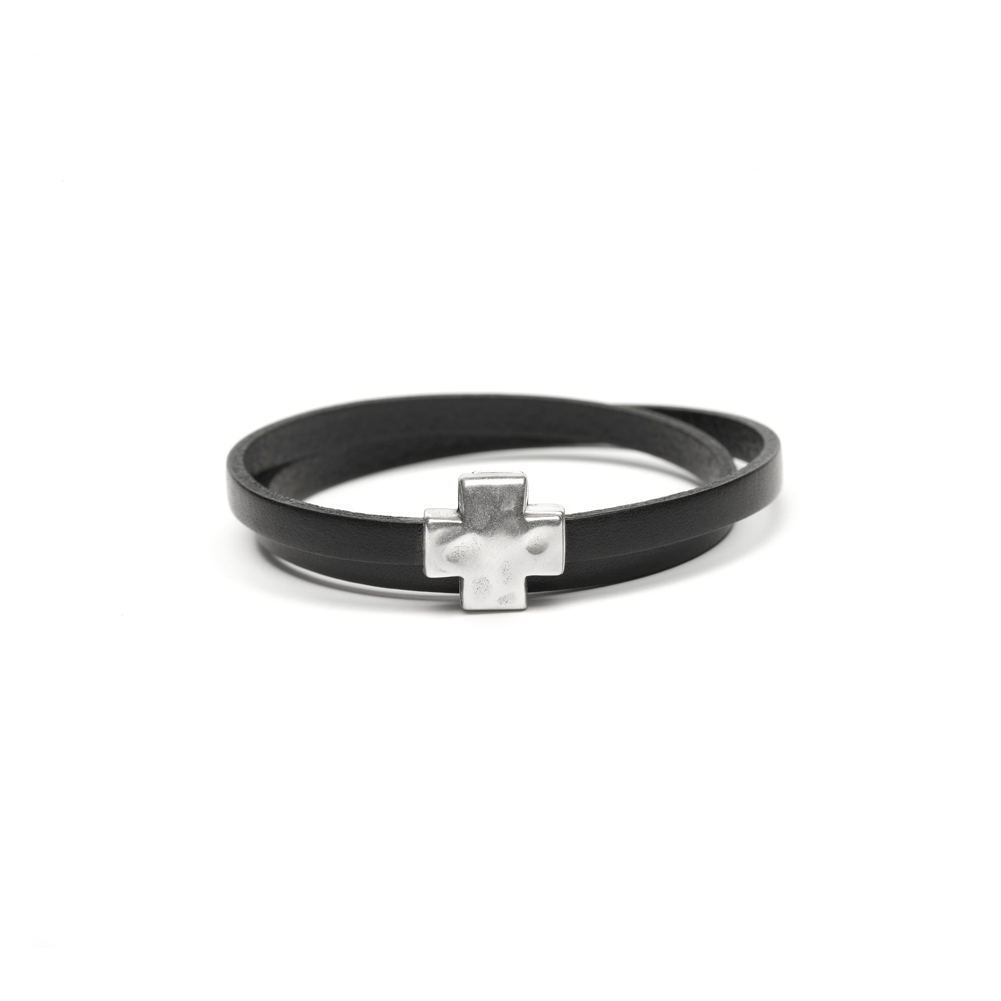 Black Double Wrap Bracelet with Silver Cross