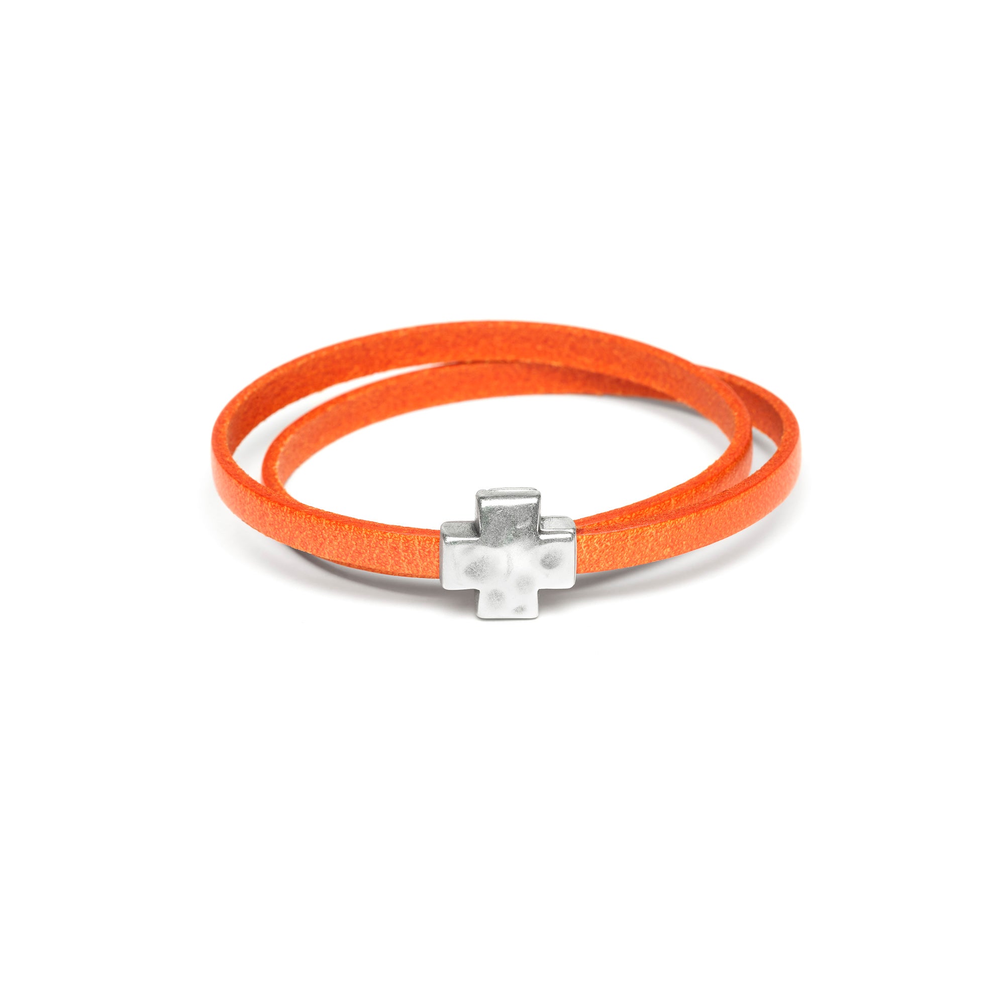 Orange Double Wrap Bracelet with Silver Cross