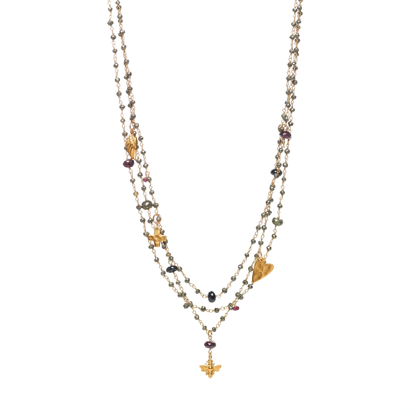Pyrite Three Strand Layered Bee Charm Necklace