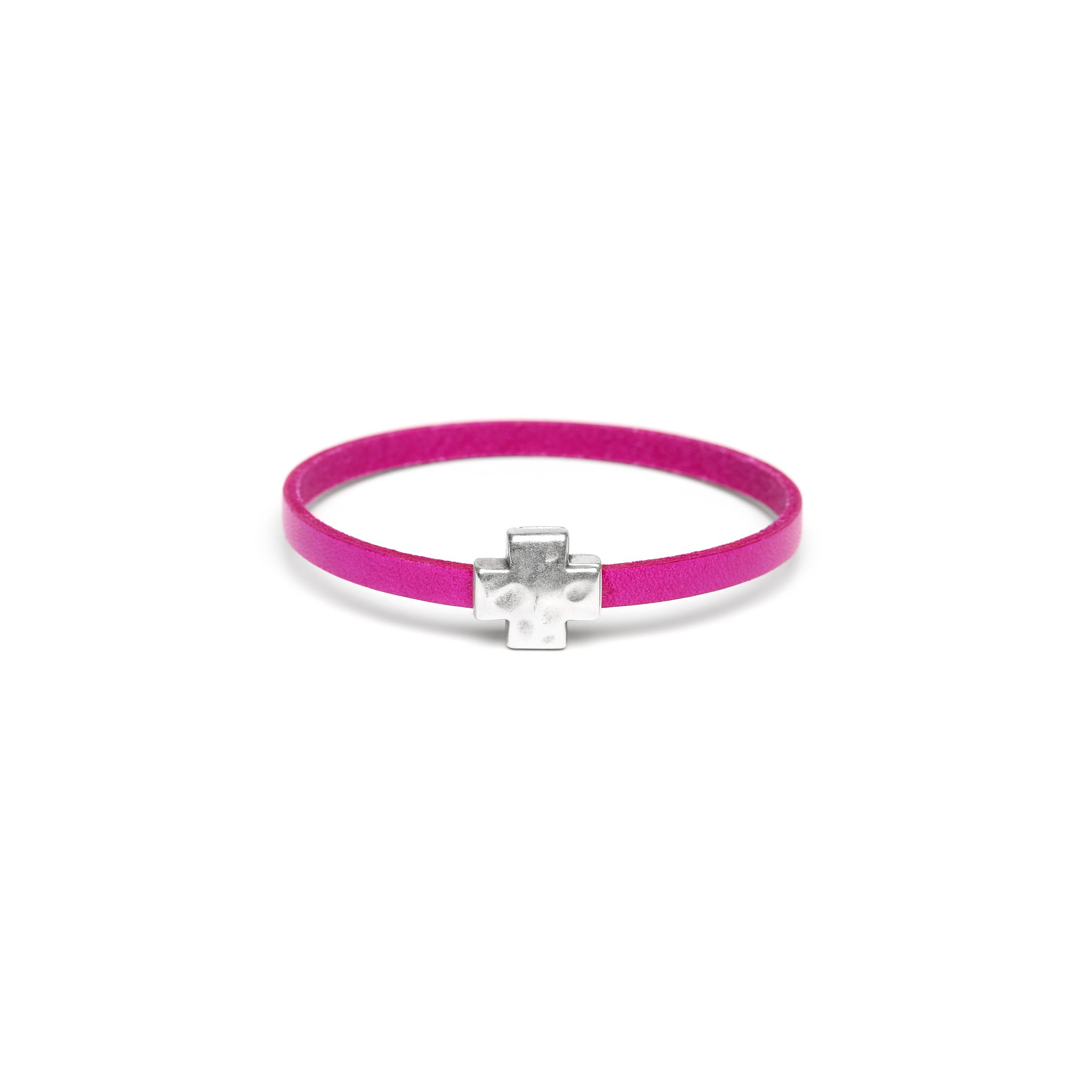 Hot Pink Single Wrap Bracelet with Silver Cross