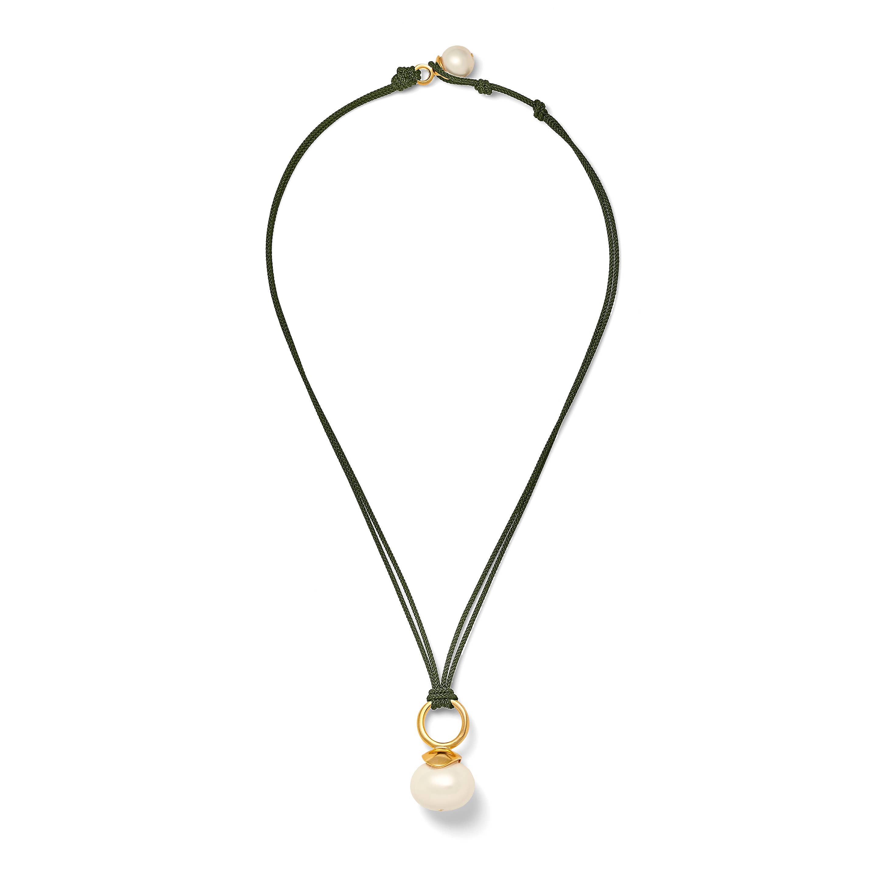 White Pebble Pearl Pendant ~ a Palette of Cords: Military green