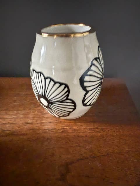 Tall Handmade Floral Ceramic Bud Vase w/ 22K Accents