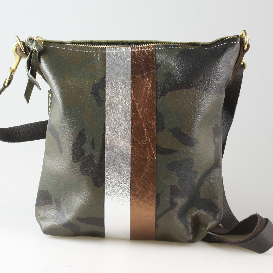 The Graham Crossbody: Camo and Softs: Green Camo w/Gold stripe / Unlined / 11"x10.5"