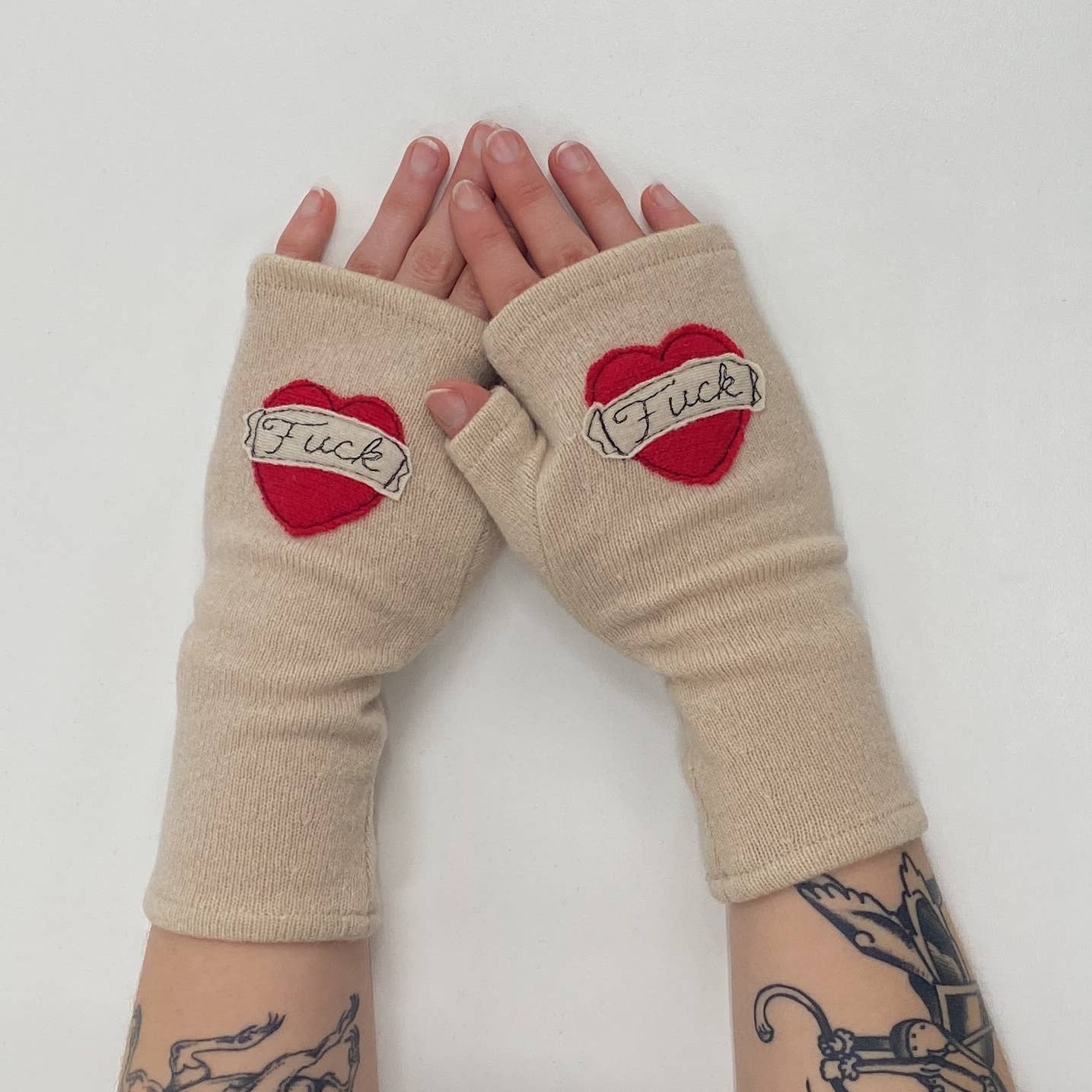 Fingerless Cashmere Gloves-Tattoo Heart Fuck