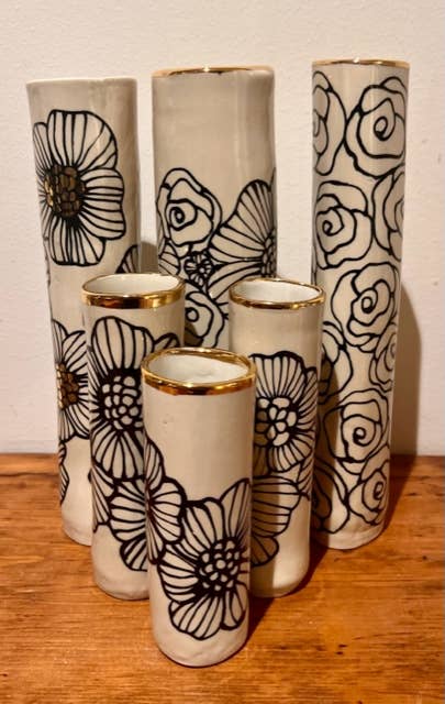 Handmade Ceramic Floral Med Cylinder Vase w/ 22K Gold Accent