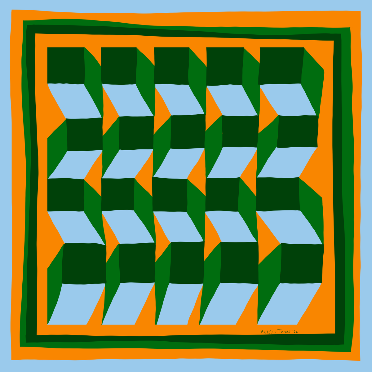 Retro Orange and Green Blocks | Neck Scarf | 100% Silk