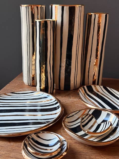 XL Handmade Ceramic Heirloom Stripe  Vase 22K Gold Accents