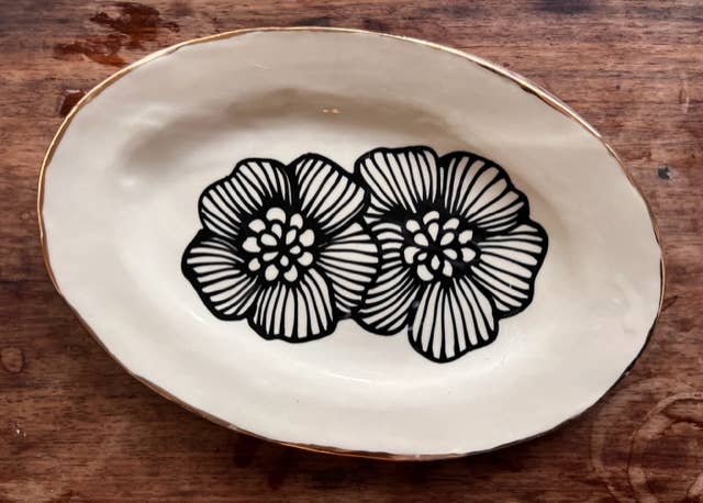 Handmade Floral Ceramic Petite Platter Tray w/ 22K Gold