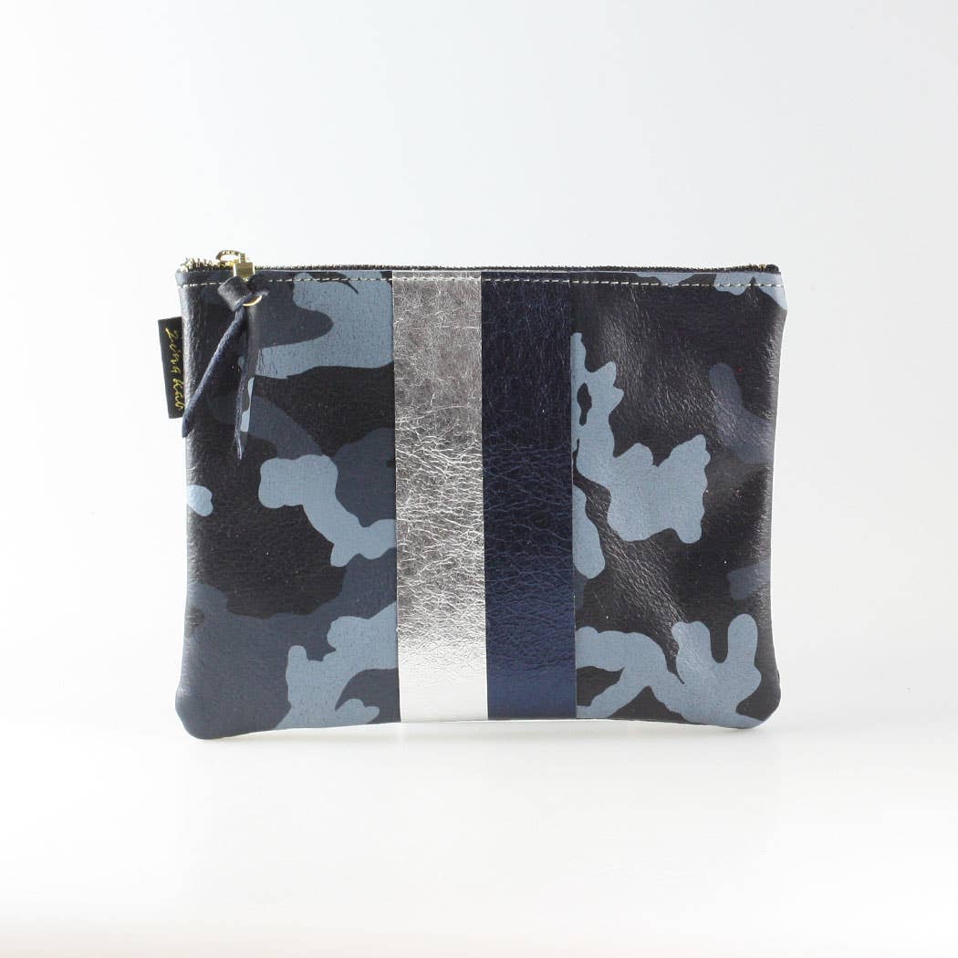The Two Stripe Monroe: Navy Camo Bag with Silver-Sapphire stripes
