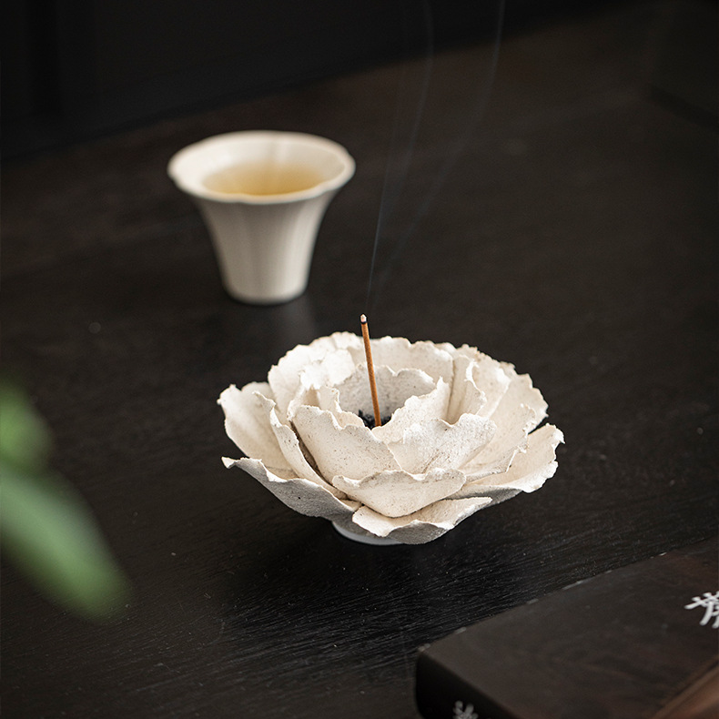 Hand Sculpted Ceramic Peony Flower Incense Holder: Cream