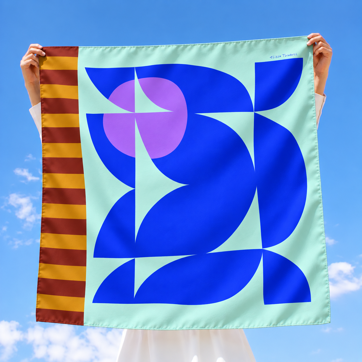 Blue and Turquoise Geometric with Stripes | Silk Scarf