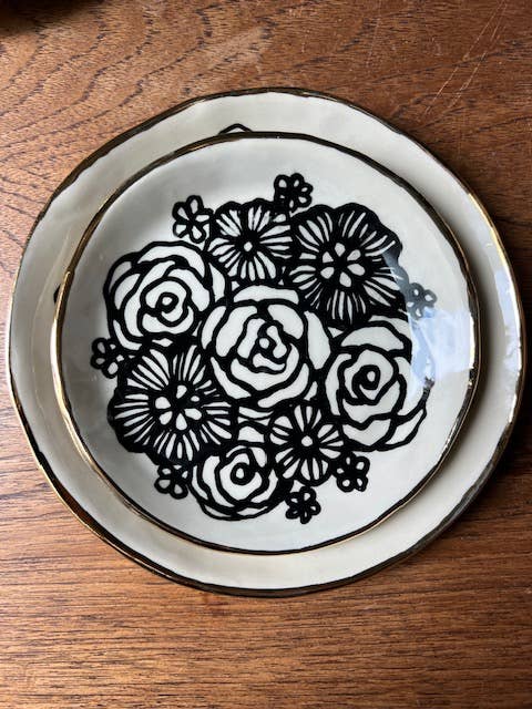 7" Handmade Floral Round Ceramic Dish with 22K Gold Accents