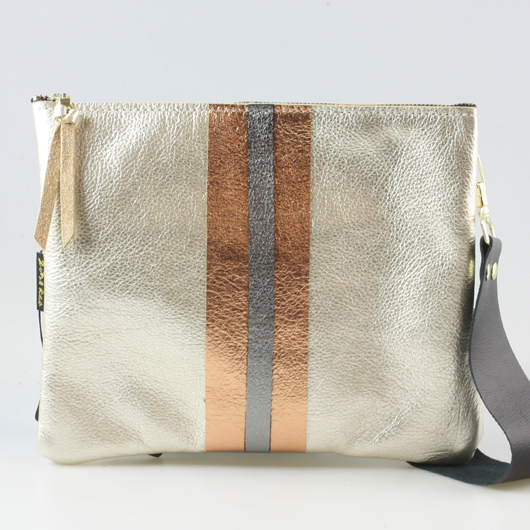 The METALLIC Stripe Taylor: Jet: Layered stripe Gunmetal/Pewter / Unlined / 9"x7.5