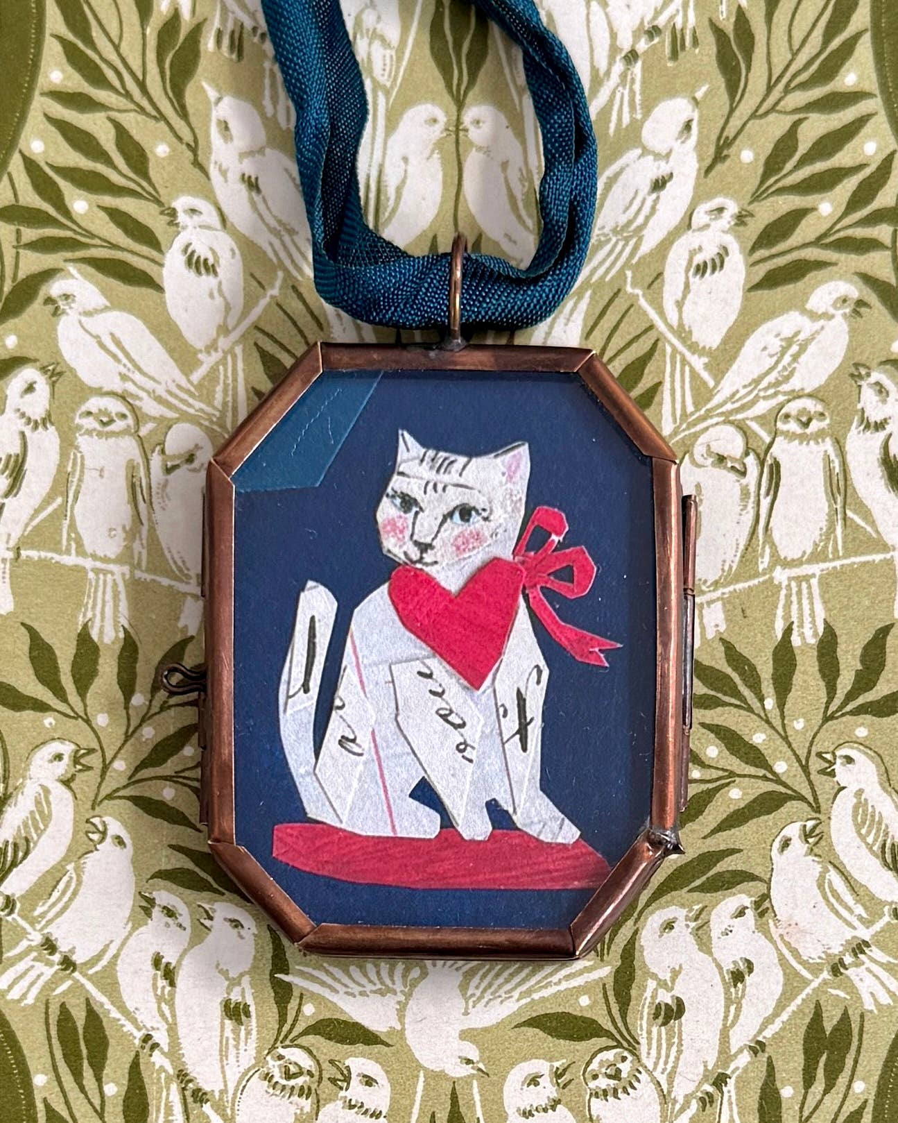 Kitty Love ~ Art Locket Cat Vintage Ornament Handmade 