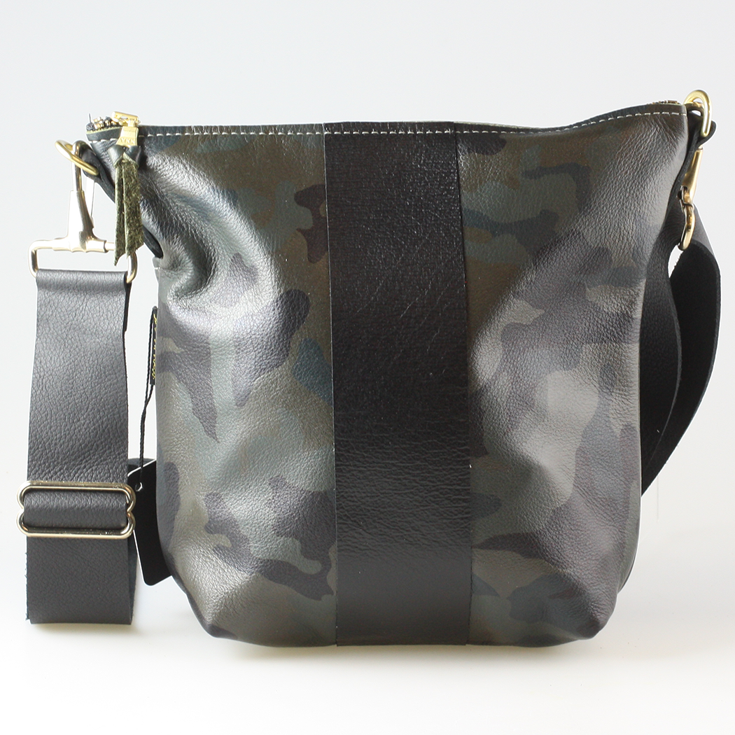 The Graham Crossbody: Camo and Softs: Green Camo w/Coal stripe / Unlined / 11"x10.5"
