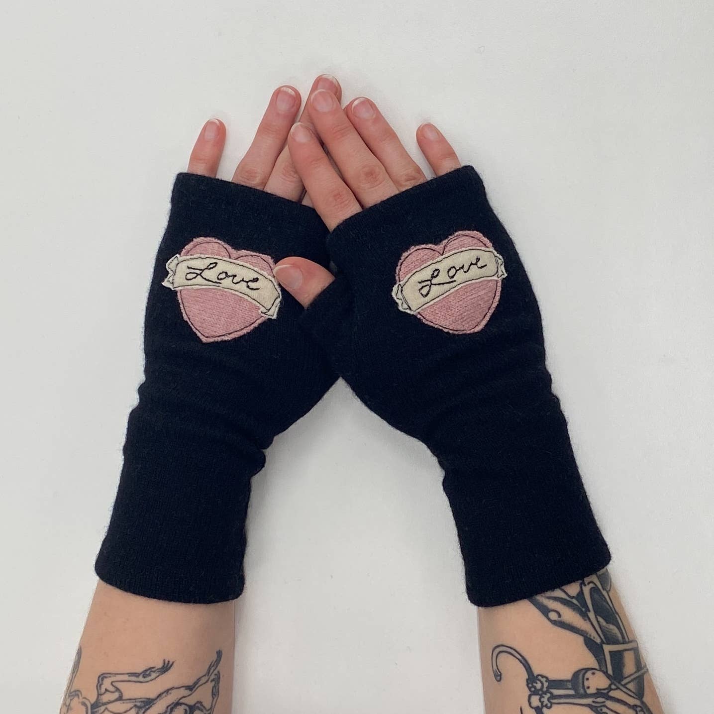 Fingerless Cashmere Gloves-Tattoo Heart Love