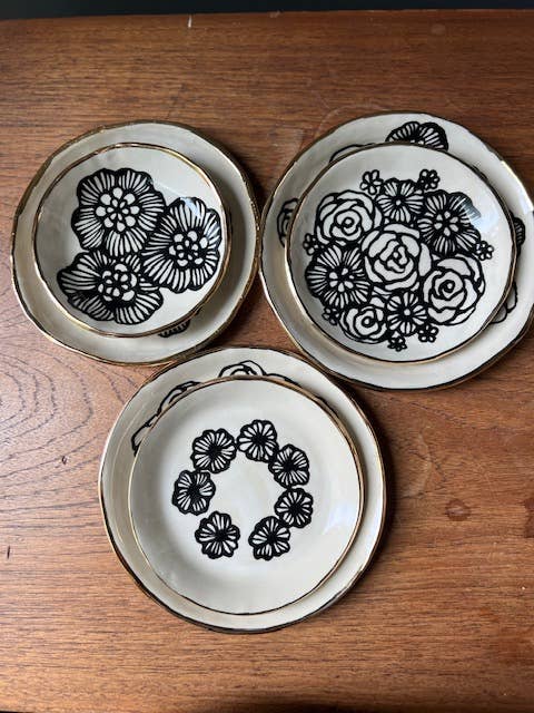 7" Handmade Floral Round Ceramic Dish with 22K Gold Accents