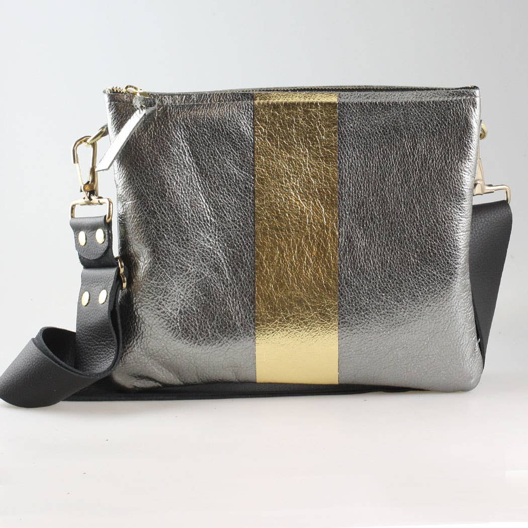 The METALLIC Stripe Taylor: Jet: Layered stripe Gunmetal/Pewter / Unlined / 9"x7.5