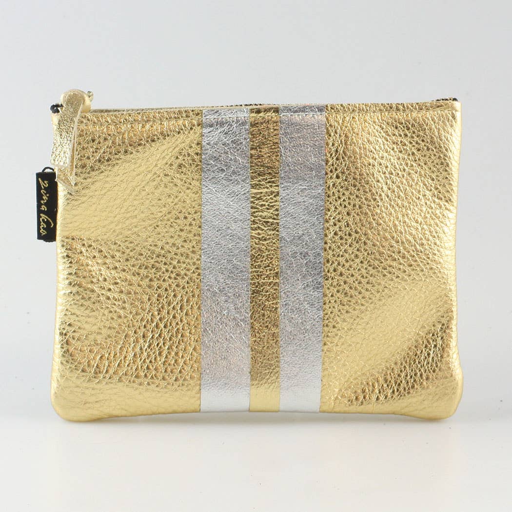 The Stripe Everyday Pouch - FALL colors and 2 sizes!: Jet with 2 stripes: Platinum/Gold / Carter: 9"x6.5"