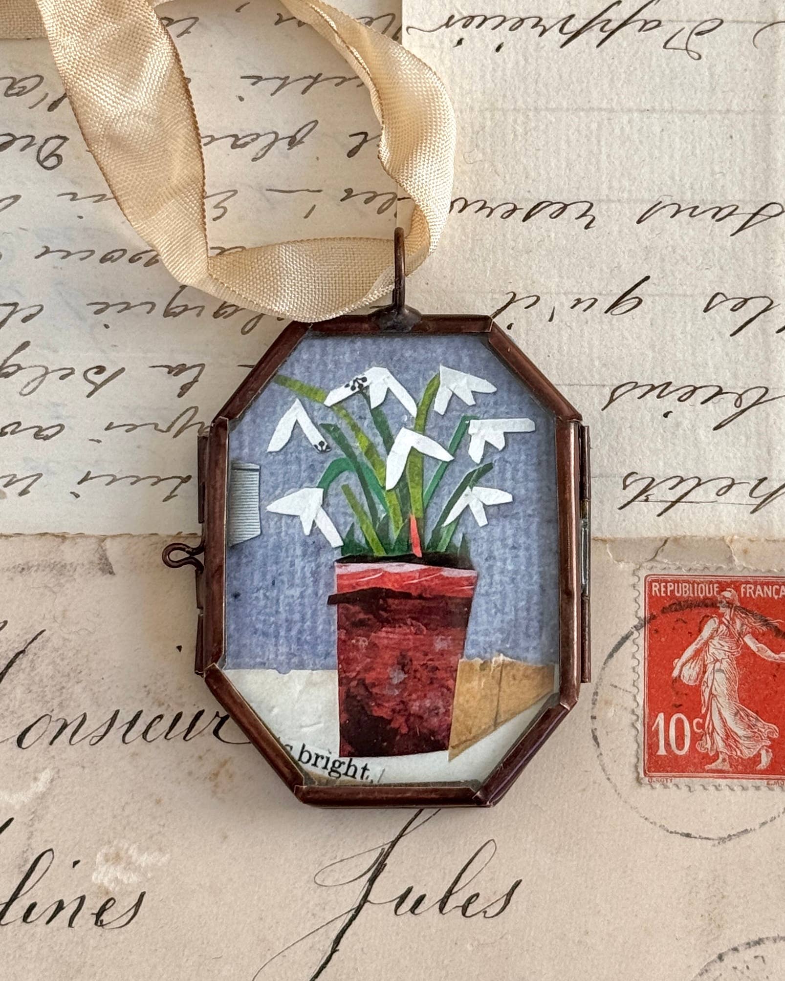 Snowdrops ~ Art Locket Floral Vintage Ornament Handmade 