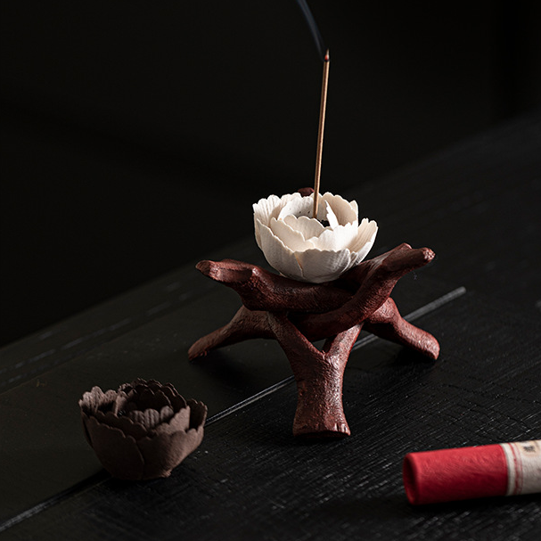 Handmade Ceramic Mini Poppy Flower Incense Burner: Wine