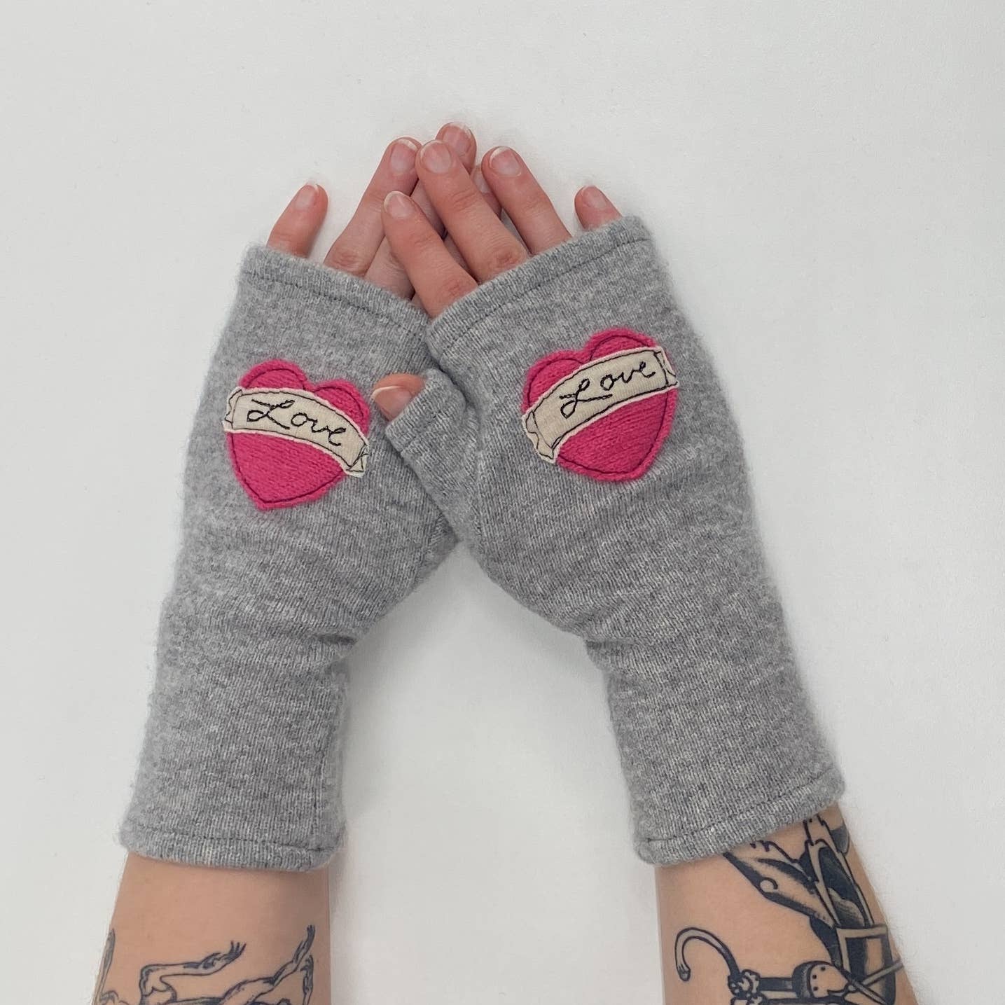 Fingerless Cashmere Gloves-Tattoo Heart Love