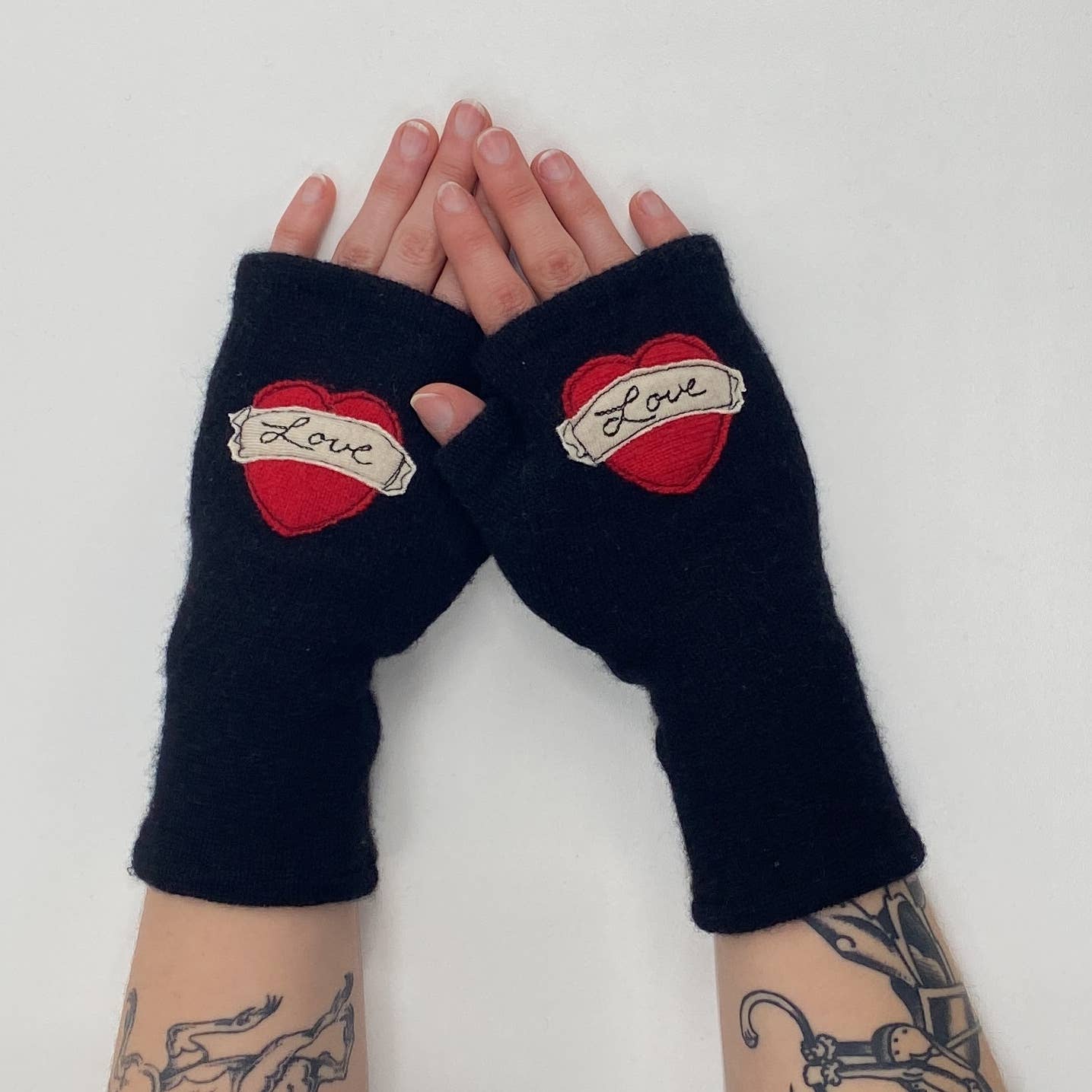 Fingerless Cashmere Gloves-Tattoo Heart Love