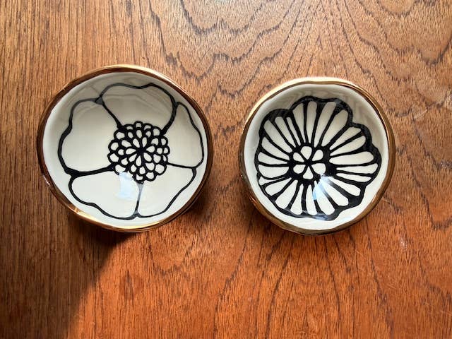 3.5" Handmade Floral Round Ceramic Catchall Dish 22K Gold