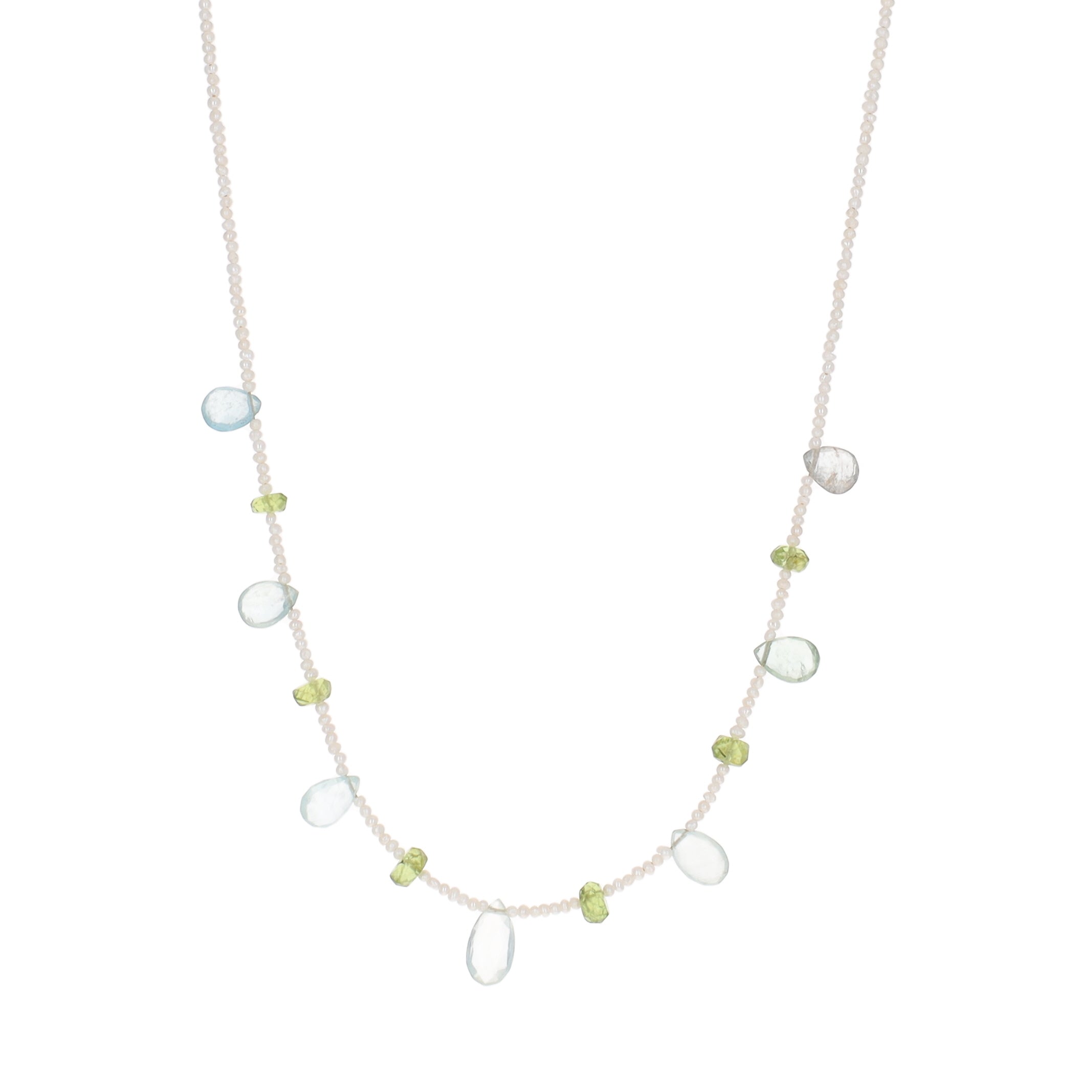 Aqua Marine and Peridot on Seed Pearl Strand Necklace