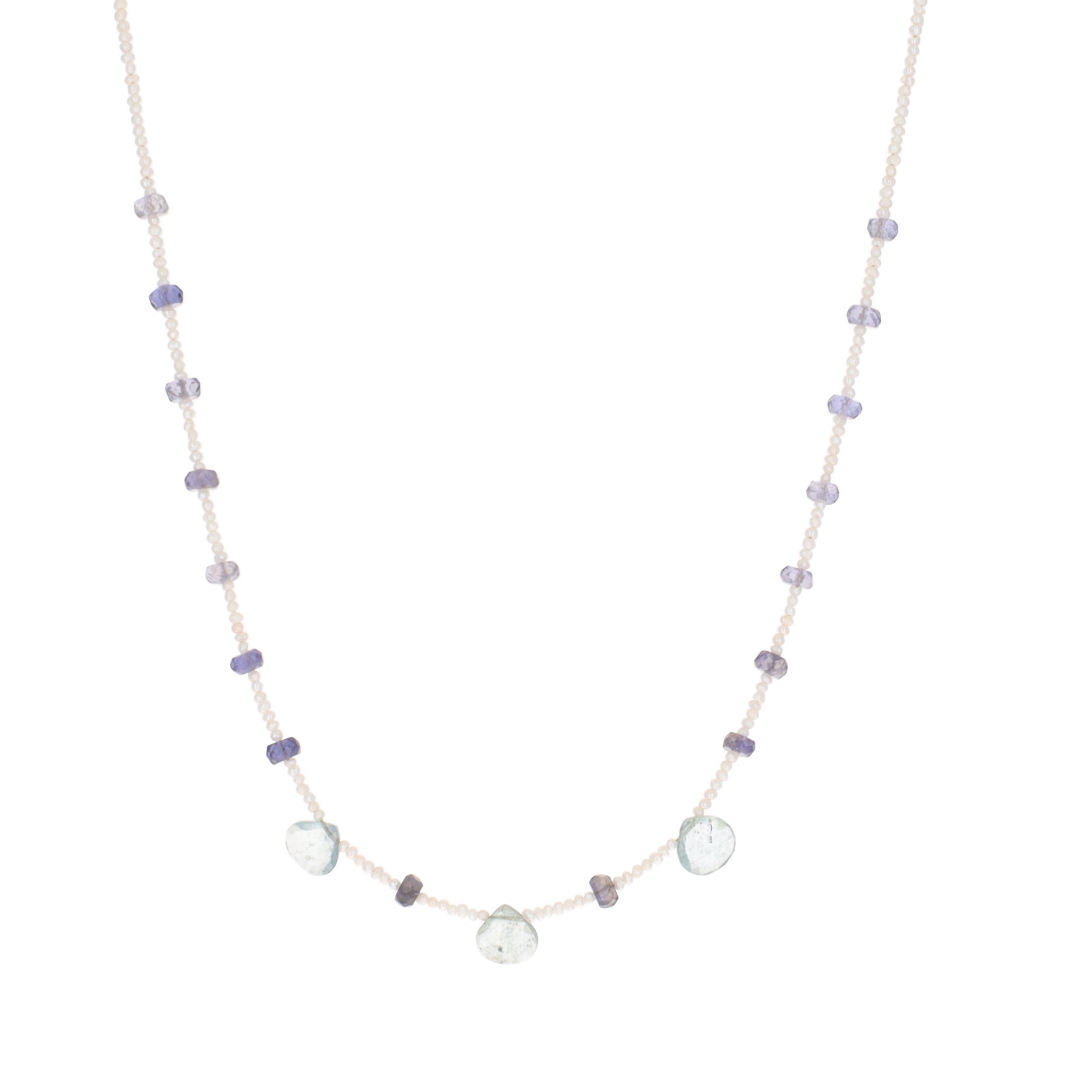 Tanzanite and Moss Aqua Marine on Seed Pearl Strand