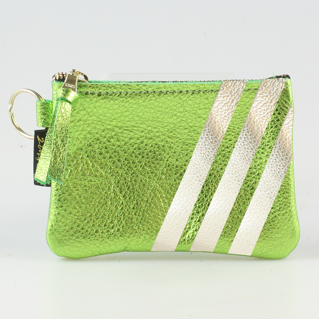 The Kara Wallet: 3 Side Stripes, Lime with Platinum Stripes - Split Ring