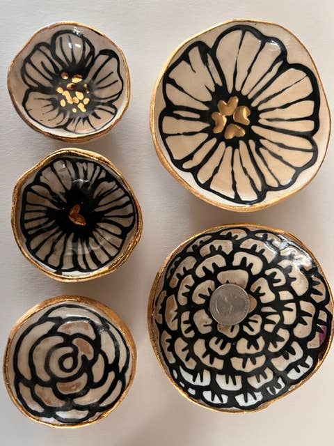 Handmade Floral Round Ceramic Catchall Gold Jewelry Dish 2"