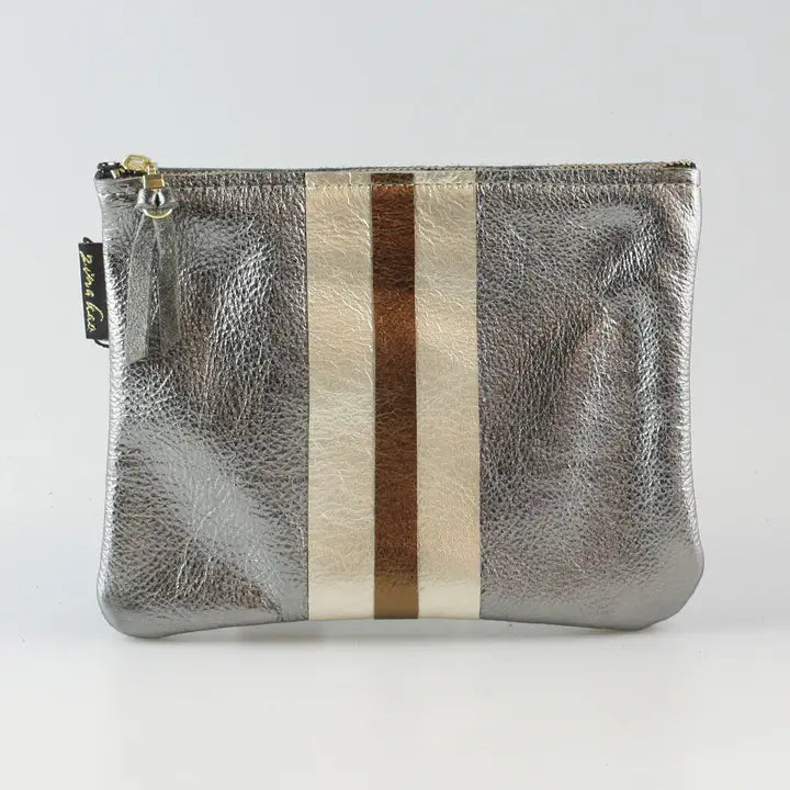 The Stripe Everyday Pouch - Gunmetal with Layered Stripe, Platinum and Bronze